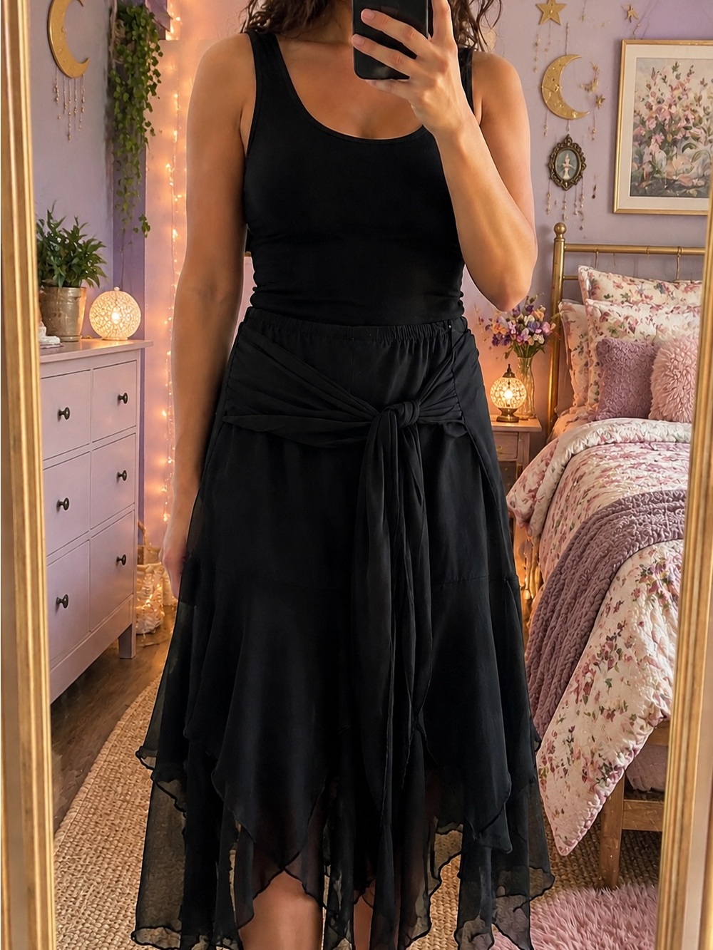Black Layered Chiffon Midi Dress with Waist Tie